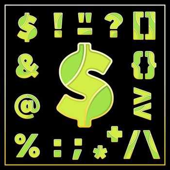 Colorful stylized mosaic font with punctuation marks. Part 4 of 4. Enamel jewelry art isolated symbols in green colors. Dollar sign, exclamation mark, percent sign and others for elegant design.