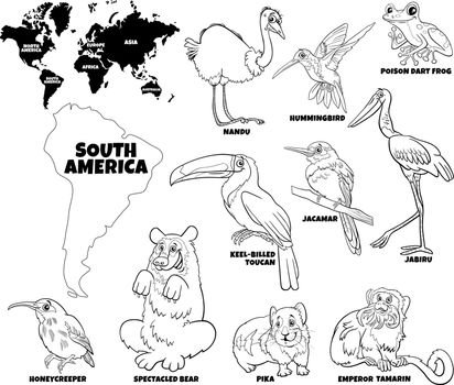 Black and white educational cartoon illustration of South American animal species characters set and world map with continents shapes coloring page