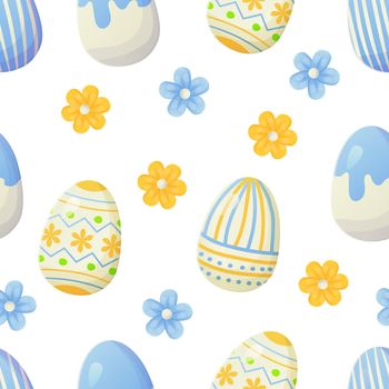 Easter egg seamless pattern. Texture with flowers. Can be used as easter hunt element for web banners, posters and web pages background, wallpaper, spring greeting cards. Stock vector illustration in realistic cartoon style.