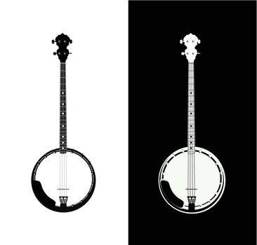 Silhouette of Banjo - folk music instrument in black and white colors, Grayscale Vector Illustration isolated on white and black background