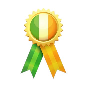Gold medal with ribbons in the colors of the Irish flag, Vector Illustration