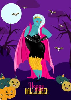 Happy Halloween Party poster with vampire and pumpkins. Vector illustration. Full moon, witches, cobwebs and spiders. Place for text. Brochure background