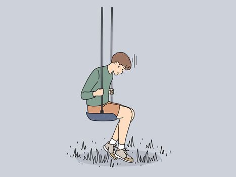 Sad small boy sit on swing suffer from loneliness or solitude. Unhappy little kid struggle with bullying or feeling lonely and abandoned. Vector illustration.