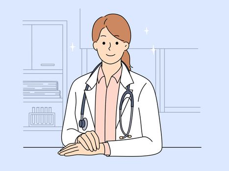 Portrait of female doctor in white medical uniform posing in clinic. Smiling woman nurse or GP in private or public hospital. Medicine and healthcare. Vector illustration.