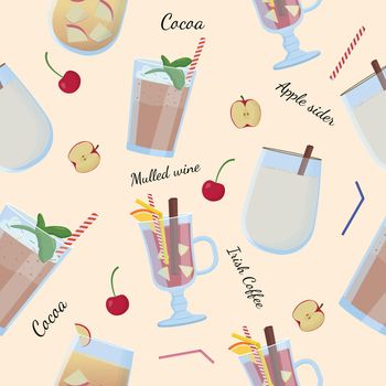 Alcohol drinks and cocktails seamless pattern. Apple sider, mulled wine.