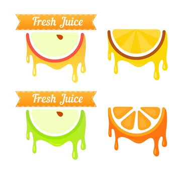 Set of Fruit Emblems. Apple, Pineapple, Pear, Orange with Style Ribbon, Vector Illustrations