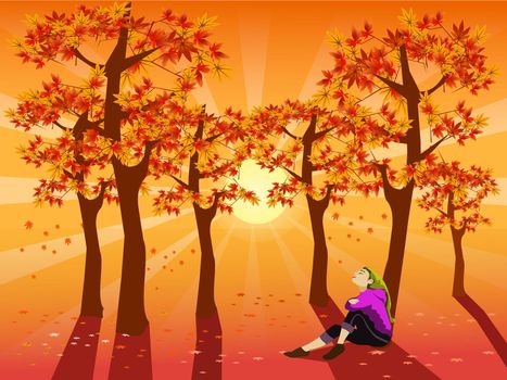 A woman sits under a maple with the sunset sparkling in the background.