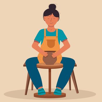 Woman making ceramics on a pottery wheel. Pottery workshop, pottery hobby. Ceramic craft master. Ceramic kitchenware. Cute handmade ceramic plates, mugs, sugar bowl, teapots, dishes. Flat vector illustration.