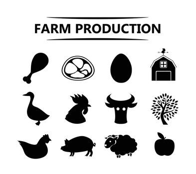 Set of Farm Icons with production&#39;s silhouettes. Vector Illustrations Isolated on white background