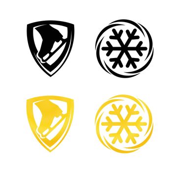 Vector Symbol Emblem for Club of Figure Skating with skates and snowflake in black and golden color.