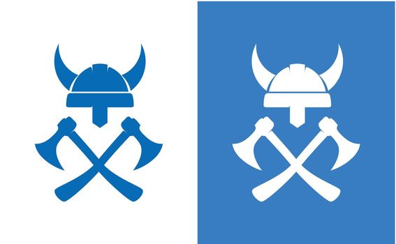 Sign of Vikings Equipment. Crossed Axes and Helm isolated on white and blue background. Vector Illustration.
