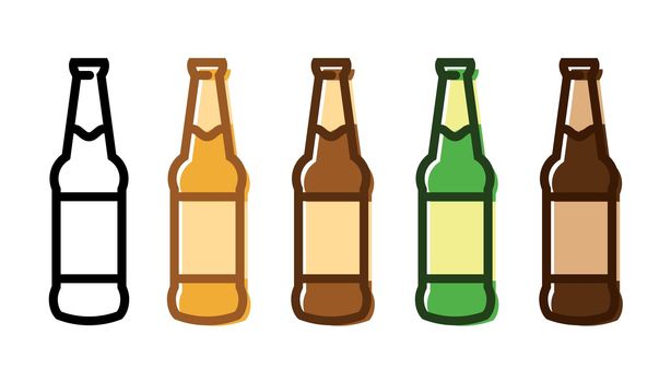 Vector set of beer bottle icons of various colors isolated on white background