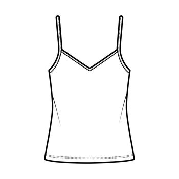 Camisole V-neck cotton-jersey top technical fashion illustration with thin adjustable straps, oversized, tunic length. Flat outwear tank template front, white color. Women men unisex CAD mockup
