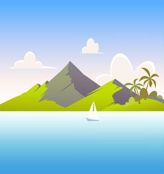 landscape with mountain and sea - Marine scenic daytime vector travel background illustration with copy space at top and bottom for design of Banner.