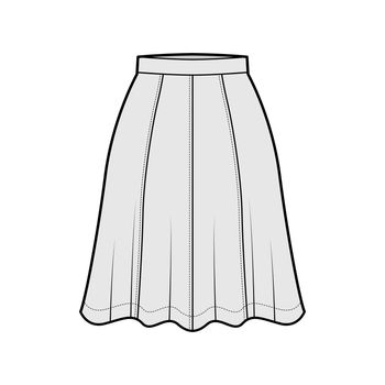 Skirt eight gore technical fashion illustration with below-the-knee silhouette, semi-circular fullness. Flat bottom template front, grey color style. Women, men, unisex CAD mockup