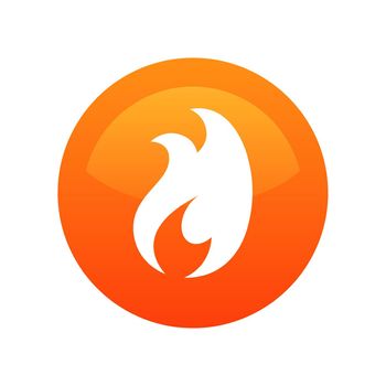 Fire Flame Icon label - Vector Round illustration isolated on white background. Shiny colorful Logotype orange color.