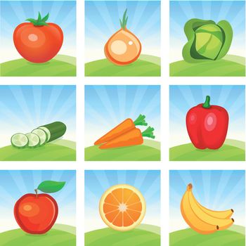 Vector Icon set of Vegetables and Fruits on Scenic landscape background. Cartoon illustrations for design of Emblems and promo for Harvesting and Trading of Vegetables, Menu of shops.
