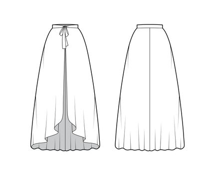 Over Skirt circular fullness technical fashion illustration with bow, floor ankle lengths, thin waistband. Flat bottom template front, back, white color style. Women men unisex CAD mockup