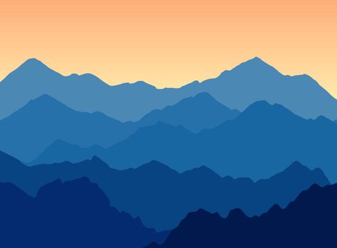 Vector illustration of mountains landscape at dusk. Great scenic panorama for travel company with copy space