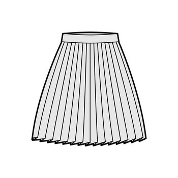 Skirt pleat technical fashion illustration with above-the-knee silhouette, circular fullness, thick waistband. Flat bottom template front, grey color style. Women, men, unisex CAD mockup