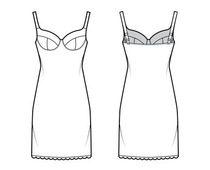 Bra slip lingerie dress technical fashion illustration with molded cup, adjustable straps, scalloped edge, thigh length. Flat template front, back white color style. Women unisex underwear CAD mockup