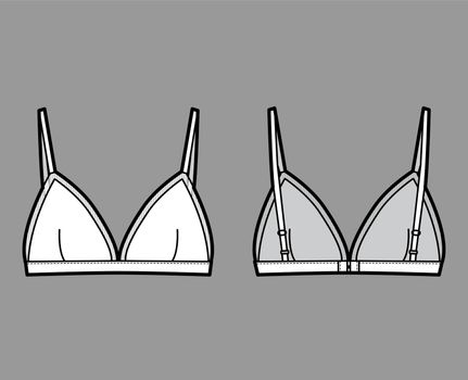 Triangle Bra lingerie technical fashion illustration with adjustable straps, hook-and-eye closure, sheer edge cups. Flat brassiere template front back white color style. Women men underwear CAD mockup