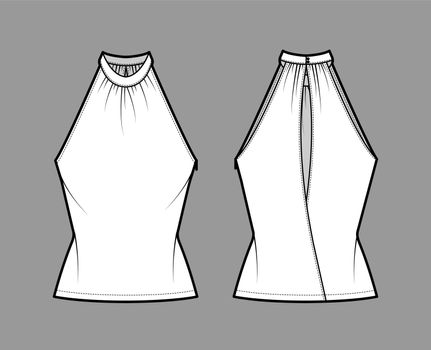 Top banded high neck halter tank technical fashion illustration with wrap, slim fit, tunic length. Flat apparel outwear template front, back, white color. Women men unisex CAD mockup