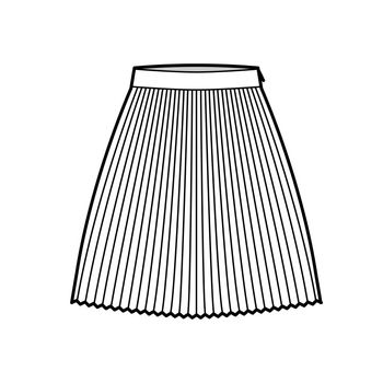 Skirt sunray pleat technical fashion illustration with under-the-knee length silhouette, circular fullness. Flat bottom template front, white color style. Women, men, unisex CAD mockup