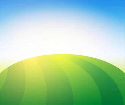 Landscape with green pasture farm field. Vector Scenic wallpaper with blue sky.