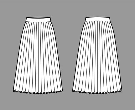 Skirt pleat technical fashion illustration with below-the-knee silhouette, circular fullness, thick waistband. Flat bottom template front, back, white color style. Women, men, unisex CAD mockup