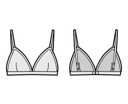 Triangle Bra lingerie technical fashion illustration with adjustable straps, hook-and-eye closure, sheer edge cups. Flat brassiere template front, back grey color style. Women men underwear CAD mockup