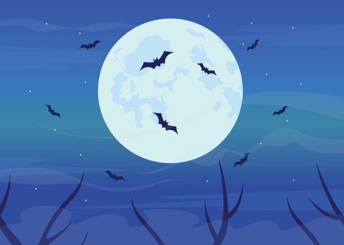 Bats flying in full moon flat color vector illustration. Spooky night. Halloween nighttime. Ominous and mystic environment. Fully editable 2D simple cartoon objects with night sky on background