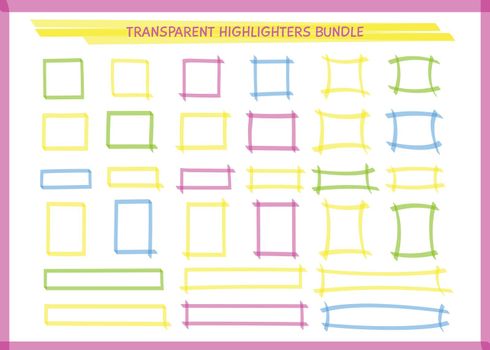 Transparent highlight pen rectangle frame collection vector illustration. Set of sketchy square felt pen borders in neon colors. Bright highlight marks for school whiteboard or stationery style design
