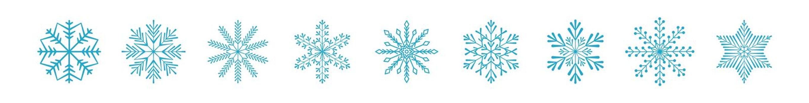 Frozen snowflake symbol collection vector illustration. SImple line blue snowflakes isolated on white background for abstract christmas celebration design or winter season decoration ornament