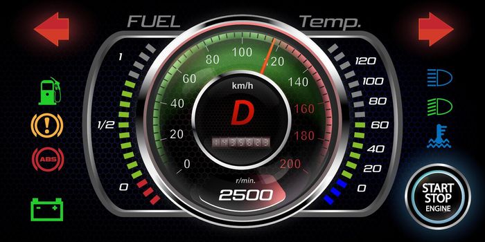 Vector illustration of a realistic dashboard. The concept of speed. Car display with operation indicators