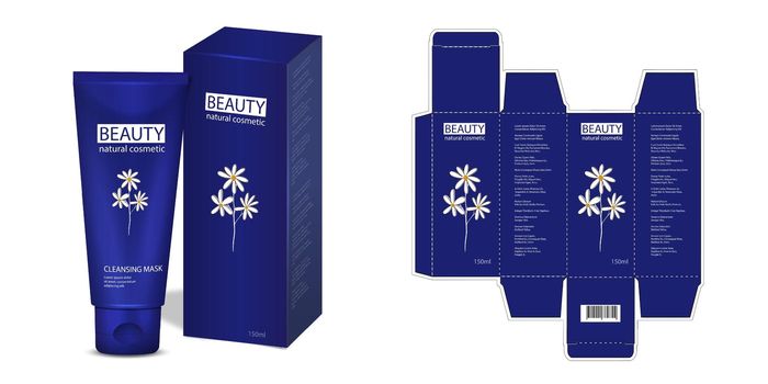 Design of the cosmetic packaging template. Cut. Cosmetic cream mask with herbs in a closed box. Realistic 3D model