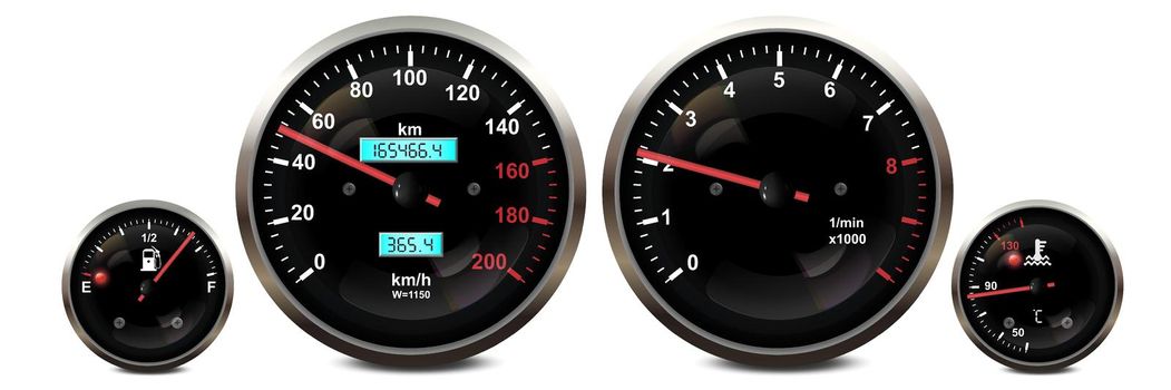 Car dashboard speedometer, tachometer gauge, fuel and engine temperature digital led light indicators Vector realistic isolated elements of car dash board panel gauges