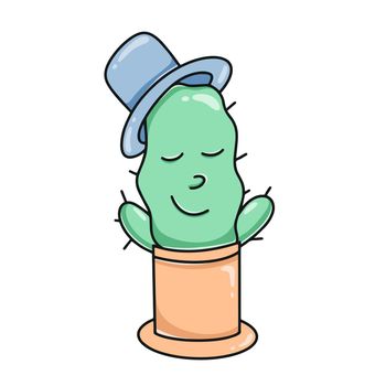 Cute cactus character in clay pot. Baby illustration cactus in hat isolated vector. Hand drawn cartoon