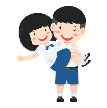 Happy boy holding girl in his arms cartoon