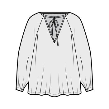 Tie-detailed neckline blouse technical fashion illustration with long raglan sleeves, oversized, elongated flare hem. Flat apparel shirt template front grey color. Women men, unisex top CAD mockup