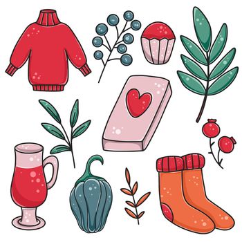 Set of cozy things for cold season. Bundle of elements for autumn or winter. Knitted sweater, socks, hot drink, cupcake, book, leaves and berries. Clipart hand drawn items vector illustration