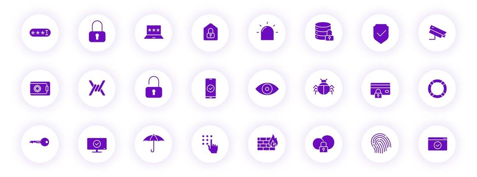 security purple color silhouette icons on light round buttons with purple shadow. security vector icon set for web, mobile apps, ui design and print