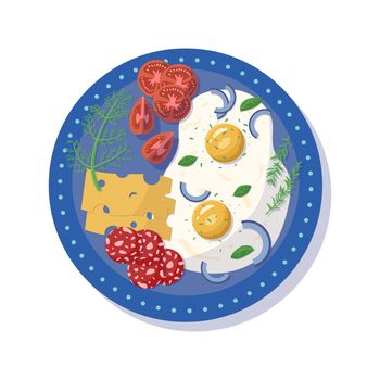 Breakfast of scrambled eggs, tomatoes, cheese and sausage top view. Breakfast time concept isolated plate. Vector flat illustration. Tasty food, good morning. Healthy eating