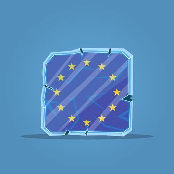 A piece of ice with a frozen European Union flag. The concept of the energy crisis in Europe. Coming winter. Rising energy prices. Problems with heating houses.