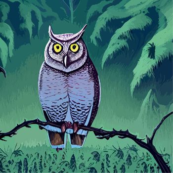 Owl. Realistic bird on dark moon forest background. Dark night background. autumn fairy tale art. Fashion template for clothes vector cartoon style owl