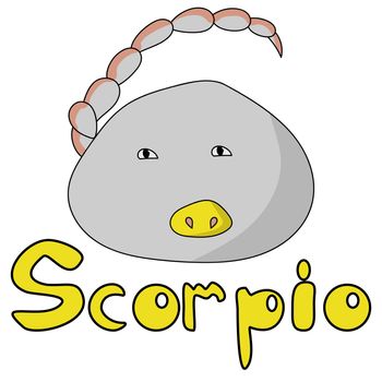 Cute round Zodiac Sign Scorpio, positive character with tail, sting and yellow nose and inscription vector illustration