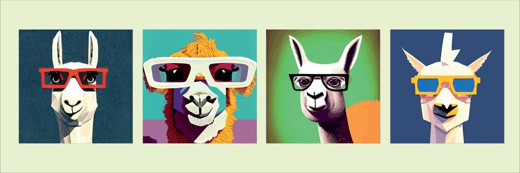 Cheerful llama with glasses pastel background pop geometric art. Humorous postcard, t-shirt composition, hand drawn style print. polygon vector illustration. Funny poster. Portrait llama