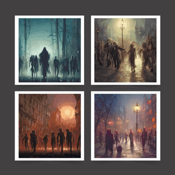 set illustration crowd hungry zombies forest. Silhouettes scary zombies walking night. Creepy fantasy vector with full moon grave. Silhouette zombies walking to the cemetery undead monster gravestone