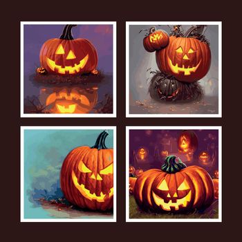 set of four square sets. Spooky pumpkins vector illustration in fantasy style .Stylized halloween horror pumpkin for spooky party decoration, mockup, web page design template