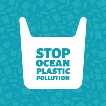 Stop ocean plastic pollution concept vector illustration. Single use plastic bag with sign on trash background Prevent ocean pollution ecology concept, sustainable lifestyle graphic.